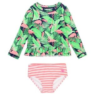 RuffleButts Long Sleeve Rashguard 2 Piece Swimsuit Flamingo Frenzy Size 3T